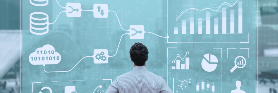 A depiction of a man standing in front of a building management system screen