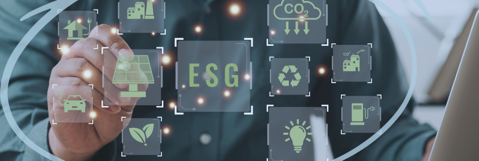 An image of a man in front of a laptop with ESG metrics at the center, surrounded by inputs affecting ESG.