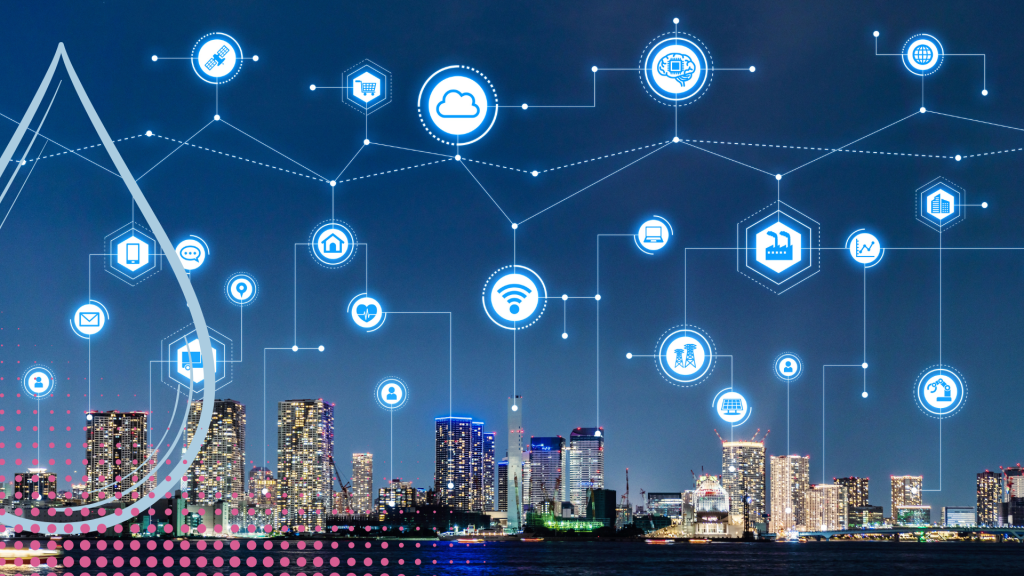 A city skyline overlaid with smart building symbols connecting them in a web of information