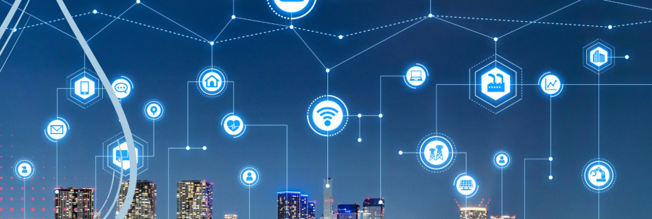 A city skyline overlaid with smart building symbols connecting them in a web of information
