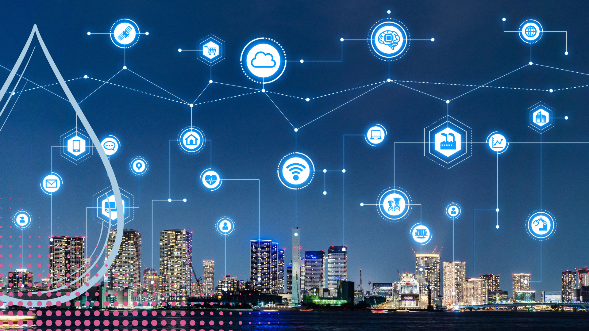 A city skyline overlaid with smart building symbols connecting them in a web of information