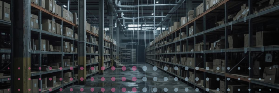 A warehouse with water leaking down from the ceiling pipes