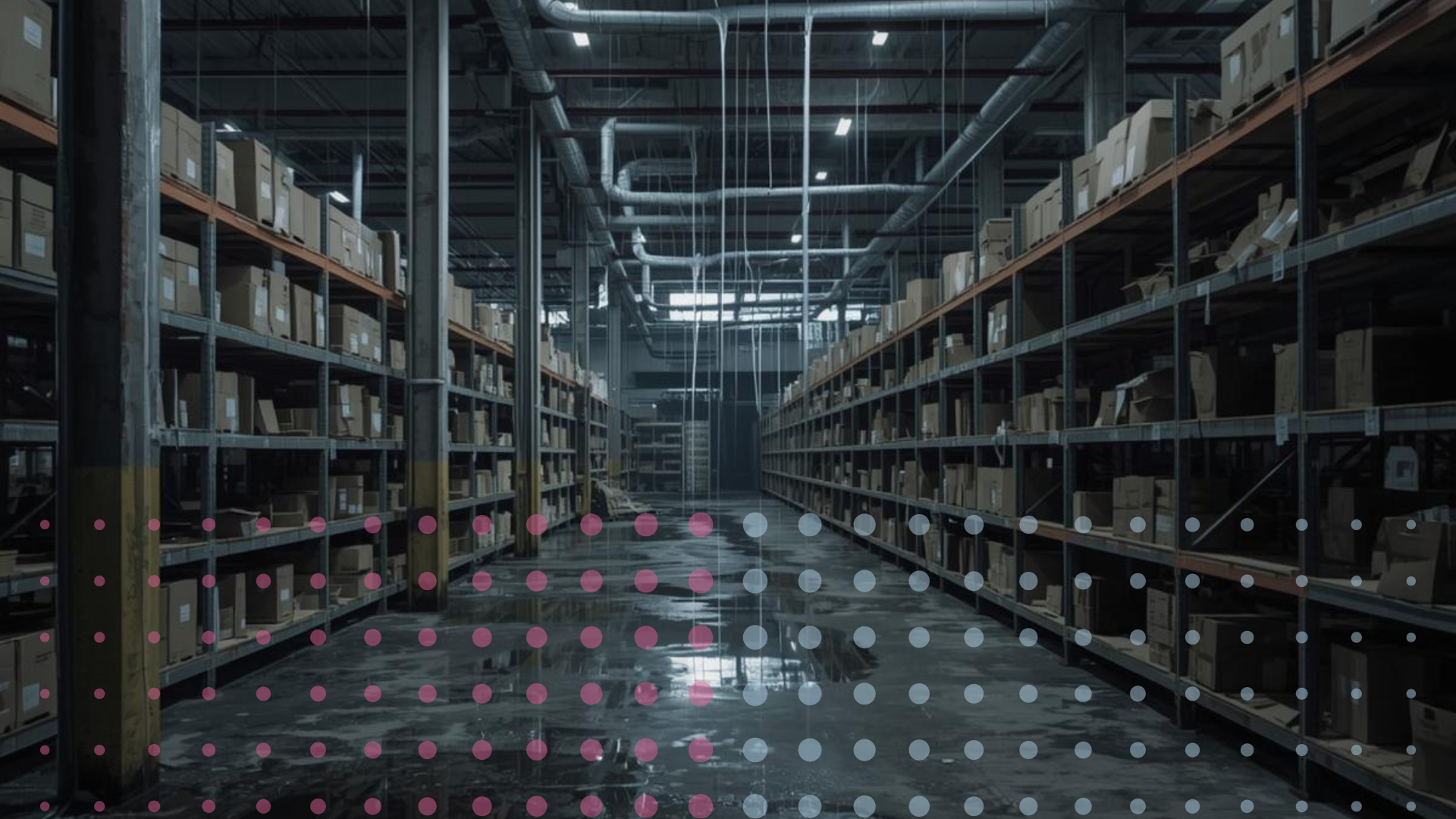 A warehouse with water leaking down from the ceiling pipes