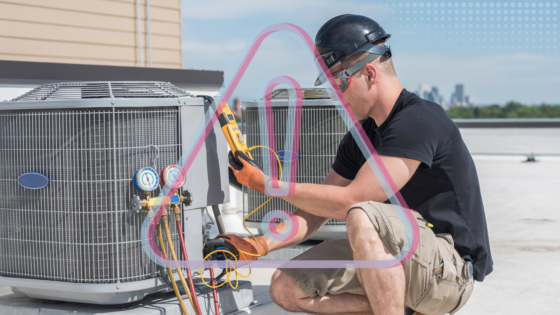 A technician repairing a RTU on a roof of a building